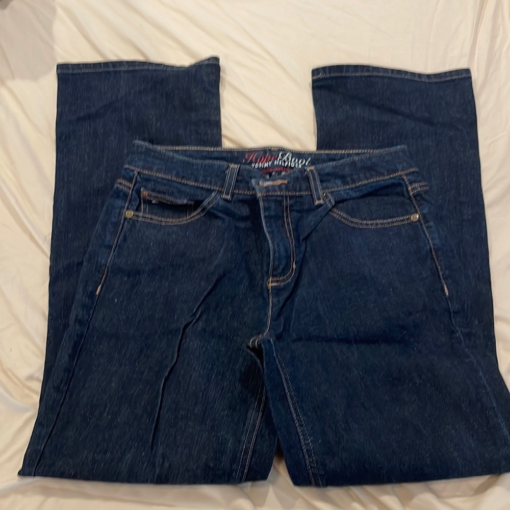 Boot cut dark denim blue jeans